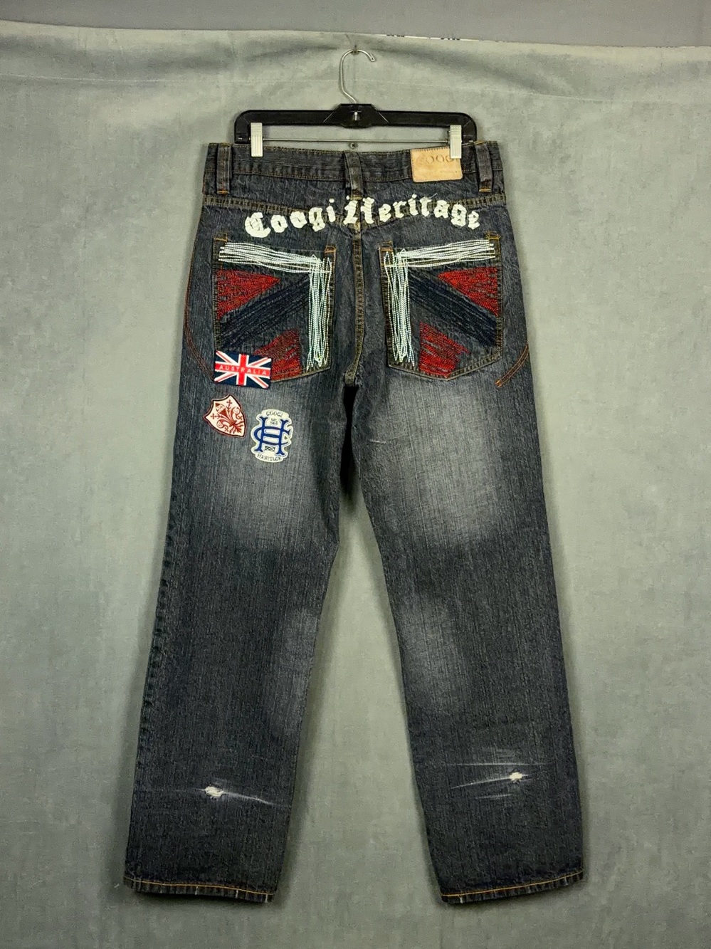 Y2K Coogi Baggy Jeans Mens Size 36x34 Actual 32x33 Embroidered Patches Hip Hop